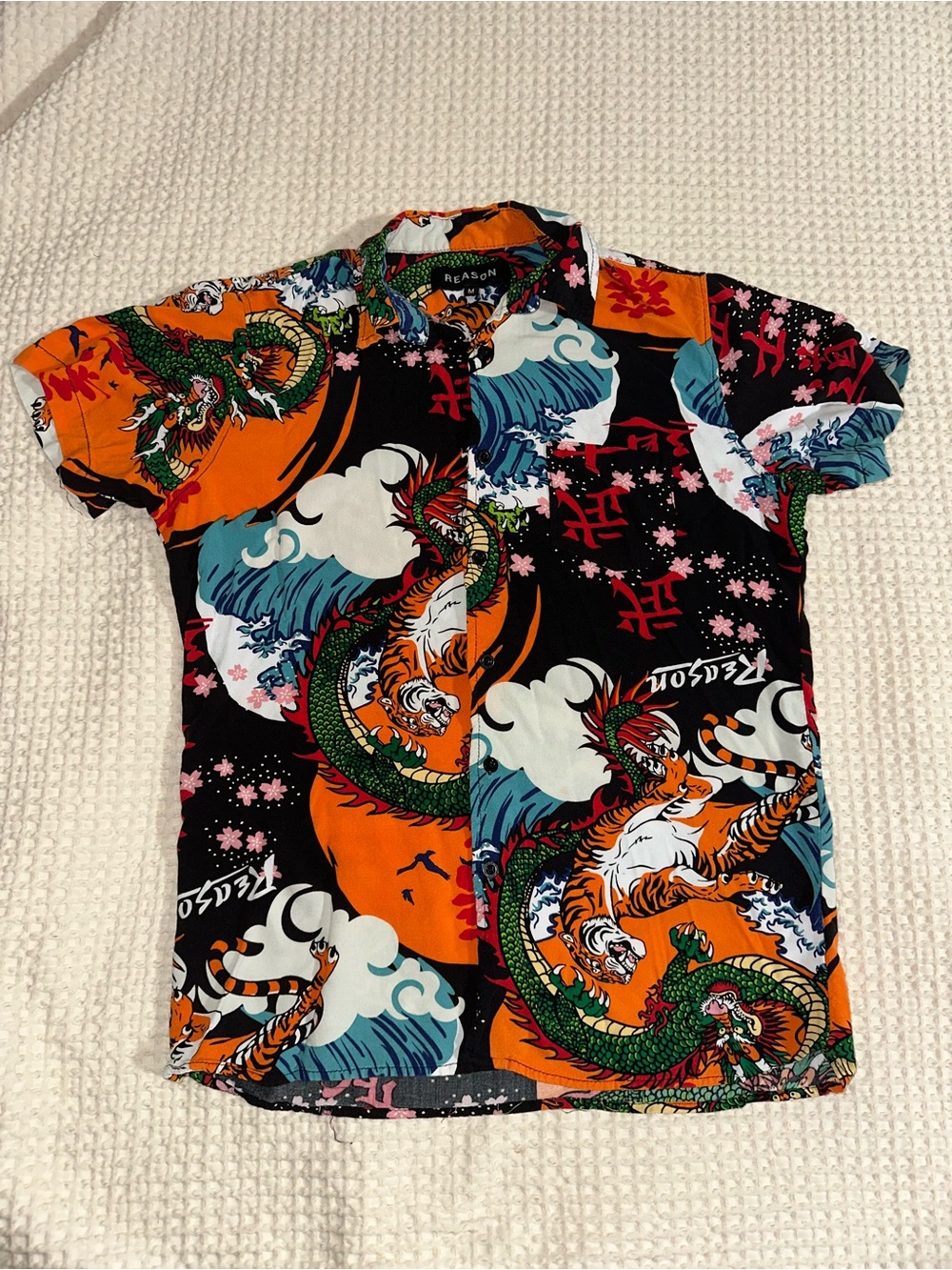 Reason Bold Dragon & Tiger Print Short-Sleeve Shirt - Black & Orange Sz medium